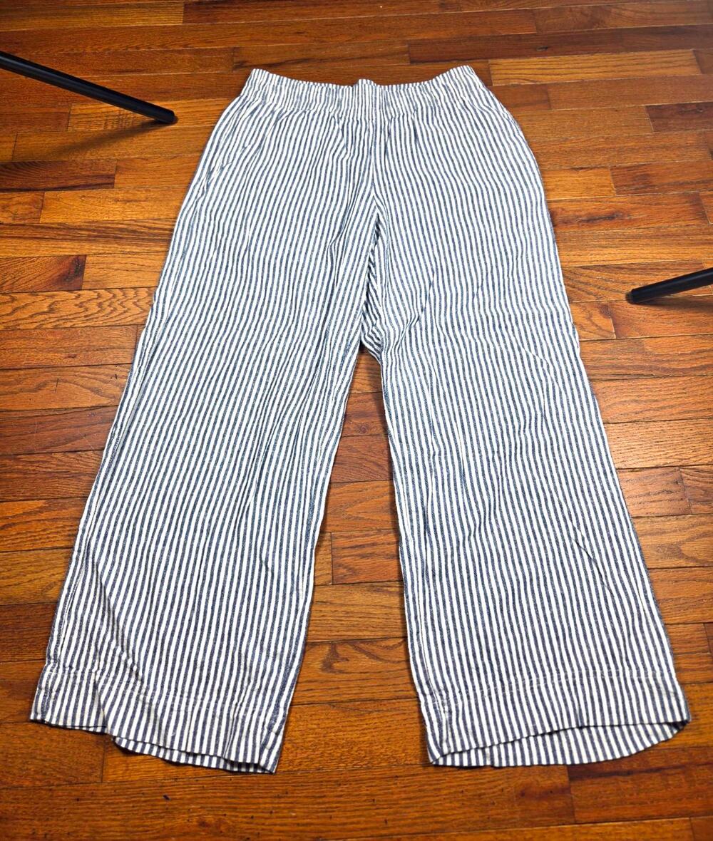 Old Navy Womens M High Rise Wide Leg Pants Blue White Stripe Coastal Pull On